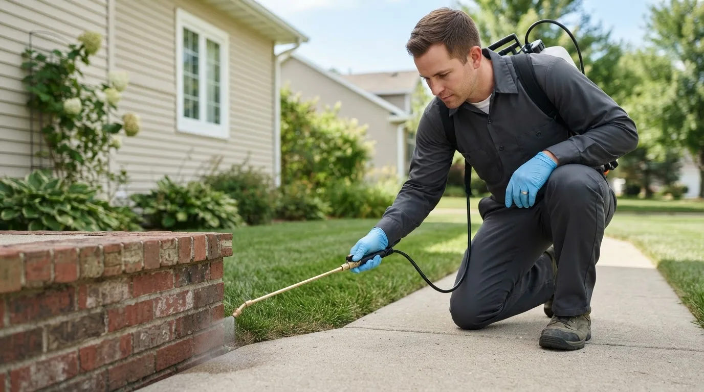 Pest control technician treating a home near Laurel, IA