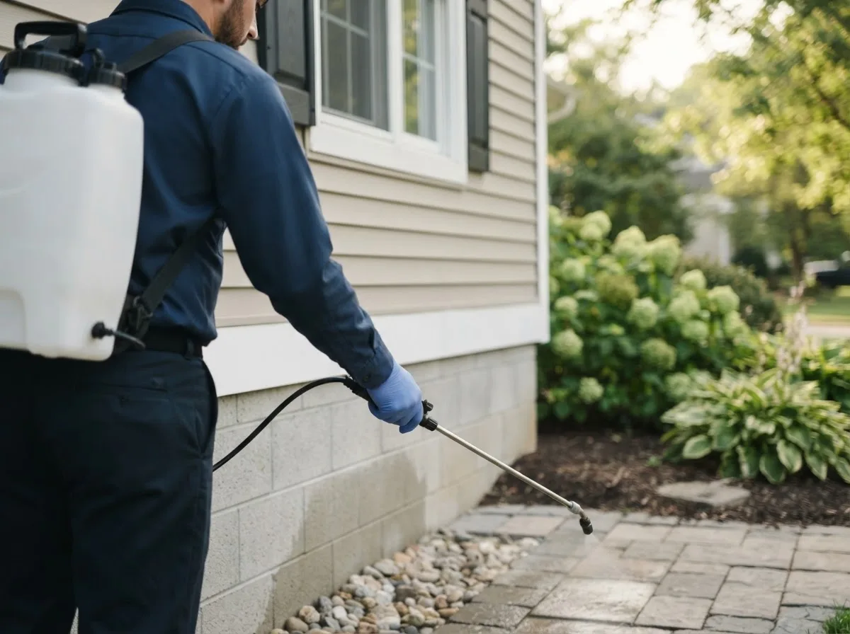 Pest control technician inspecting a home in Laurel, IA